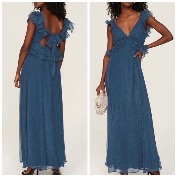Hutch Rumi Open Tie Back Ruffle Maxi Dress Gown Blue Chiffon - Size XS - Picture 1 of 11